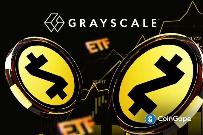 Two gold Zcash (ZEC) coins with the Z logo are displayed prominently in front of a Grayscale logo and "ETF" text on a dark background featuring stock chart lines, all watermarked with "CoinGape." The image visually represents ZEC's surge past $1,500 amid growing institutional interest and potential ETF developments, tying into the post about Zcash's NU7 upgrade.