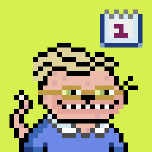 Pixel art avatar of a blonde person wearing glasses and a blue shirt, holding up a finger, with a calendar icon showing the number '1' in the top right corner.