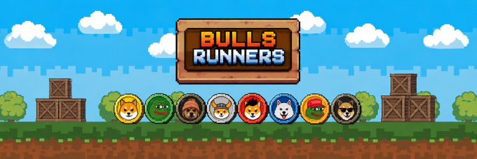 A pixel-art promotional banner for the "Bulls Runners" NFT project displays the game's title on a wooden signboard above a lineup of eight circular character portraits featuring various animal mascots (lion, crocodile, donkey, fox, husky, and others) set against a sky with clouds and stacked wooden crates. The image serves as the visual branding for the project, which the accompanying post advertises as a freemint collection with a supply of 4,200 on the Robinhood blockchain.