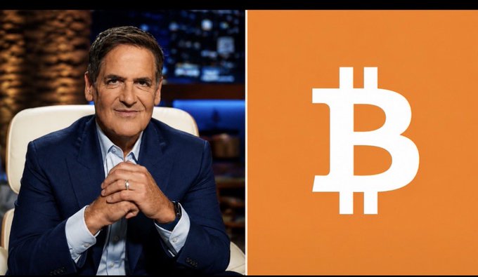A promotional image showing Mark Cuban alongside the Bitcoin logo on an orange background.