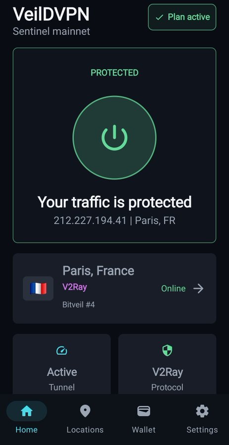 Screenshot of the VeilVPN app on Sentinel mainnet showing 'PROTECTED' status with the traffic routed to Paris, FR (212.227.194.41) via V2Ray/Bitveil #4 protocol.