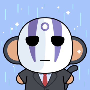 A digital illustration of a stylized monkey-like character wearing a suit and red tie, featuring a grey face with purple markings and blank black eyes, set against a light blue background with sparkles.