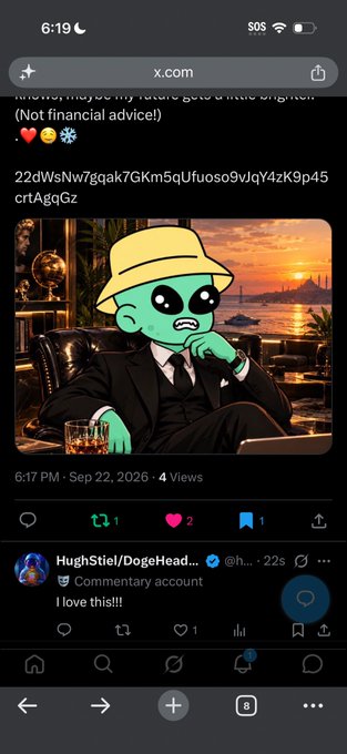 A screenshot of an X.com post showing a cartoon character in a fedora sitting in an office at sunset, with the username 'HughStiel/DogeHead...' commenting 'I love this!!!'.