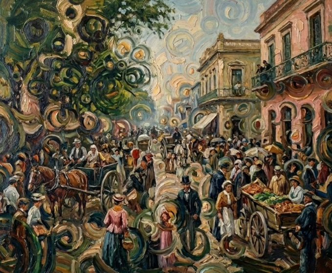 A vibrant, impressionistic painting reminiscent of Van Gogh's swirling brushstrokes depicting a bustling town square filled with people, horse-drawn carts, and buildings.