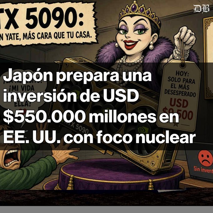 A graphic featuring the NVIDIA RTX 5090 graphics card on display with a cartoon villain character; overlaid text in Spanish reads 'Japón prepara una inversión de USD $550.000 millones en EE. UU. con foco nuclear'.