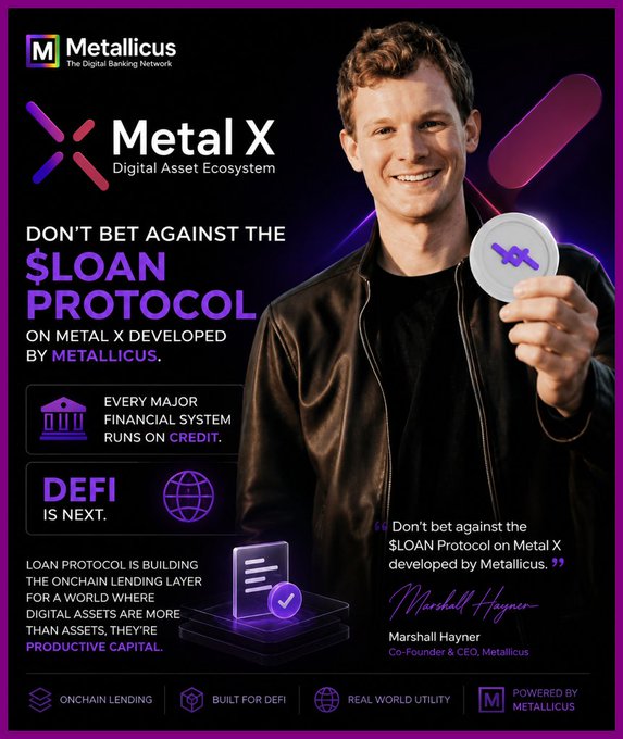The image features a man holding up a coin with a smile on his face. The background of the image is purple, which contrasts with the black jacket he's wearing. There are several other coins scattered around him, adding to the overall atmosphere of the scene. The text in the image reads "Don't bet against the $LOAN Protocol on Metal X developed by @MetallicusTDBN", indicating that there might be a connection between the coin and the LOAN Protocol. This could potentially be related to cryptocurrency or digital asset trading, asLOAN Protocol is designed for lending money through digital assets. The image also includes logos of other companies such as "DFI" and "realworld utility".