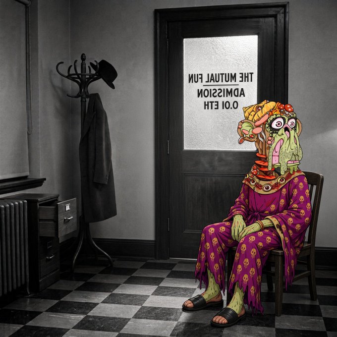 A grotesque, multi-eyed green creature in a tattered purple robe sits in a waiting room, with the door behind it reading "THE MUTUAL FUN ADMISSION O.1 ETH" in mirrored text. The post humorously suggests seizing the obvious opportunity (the empty chair) without hesitation—mirroring the chaotic, opportunistic vibe of grabbing the seat before anyone else does, with "Kek" signaling internet meme culture.