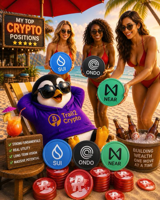 A vibrant beach scene features a penguin in a "Trail2 Crypto" hoodie lounging in a chair alongside three women in bikinis holding crypto coin logos (SUI, ONDO, NEAR), with stacks of red coins and signs reading "MY TOP CRYPTO POSITIONS," "STRONG FUNDAMENTALS/REAL UTILITY/LONG TERM VISION/MASSIVE POTENTIAL," and "BUILDING WEALTH ONE MOVE AT A TIME," creatively illustrating the post's call to share top altcoin picks.