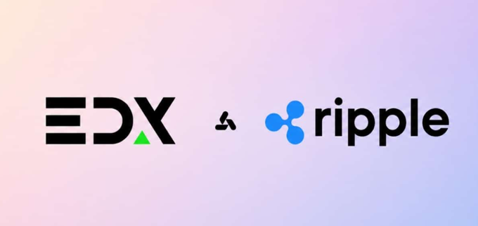 The image displays the EDX and Ripple logos side by side with an arrow between them, visually representing the partnership announced in the accompanying post about Ripple Prime and EDX collaborating to expand institutional digital asset liquidity.