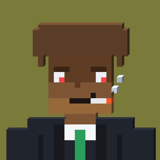 Pixel art NFT-style portrait of a character with brown skin, red eyes, a cigarette in their mouth, wearing a dark suit with a green tie against an olive green background.