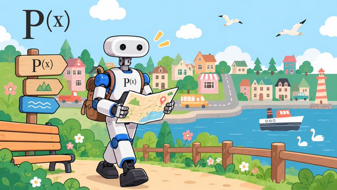 A cartoon illustration of a robot with "P(x)" labels on its body standing in a colorful town landscape, holding a map next to a signpost also labeled "P(x)".