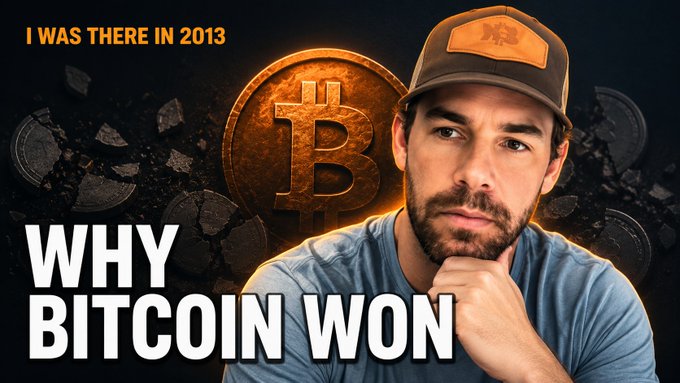 A man wearing an orange and black cap with a Bitcoin logo sits thoughtfully in front of a glowing Bitcoin emblem, with text reading "I WAS THERE IN 2013" and "WHY BITCOIN WON" overlaid on the image. This thumbnail relates to the post by promoting a discussion about Bitcoin maximalism and its role in growing cryptocurrency, featuring Bitcoin OGs debating the philosophy behind Bitcoin's success.