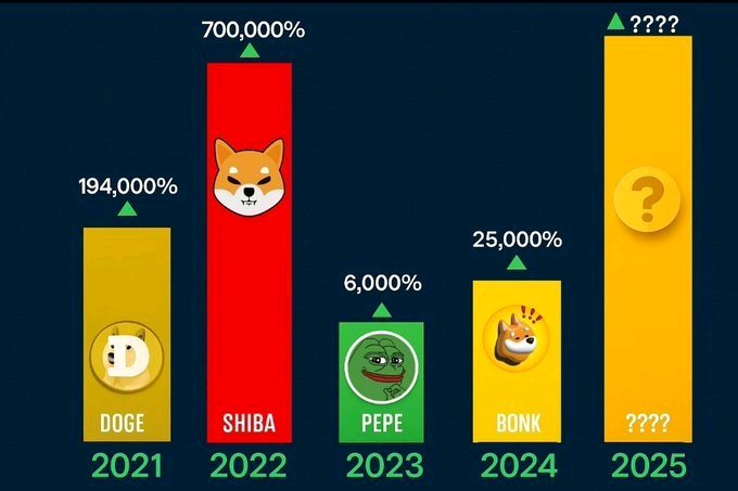 A bar chart comparing meme coin gains by year: DOGE 194,000% (2021), SHIBA 700,000% (2022), PEPE 6,000% (2023), BONK 25,000% (2024), and a mystery coin at '????' (2025).