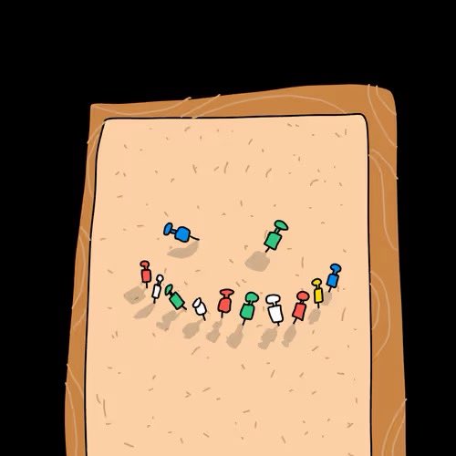Cartoon illustration showing colorful little figures gathered on a sandy beach with a wooden border.