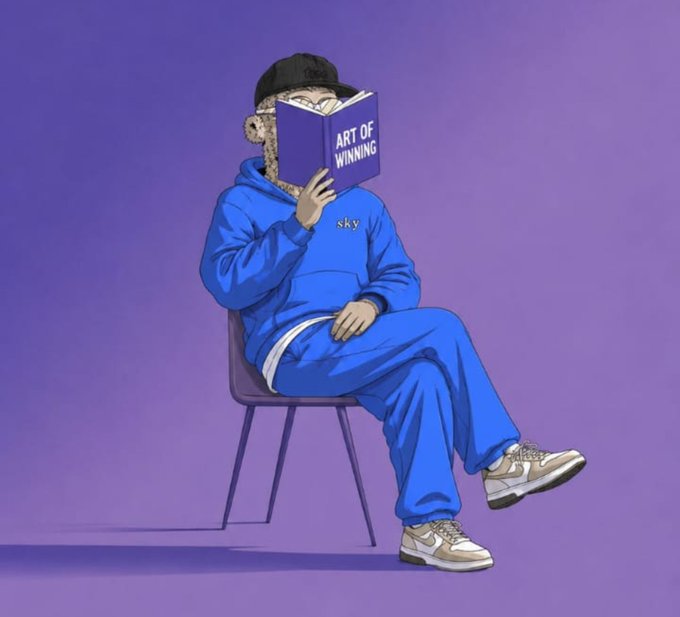 A digital illustration of a person in a blue tracksuit and black cap sitting on a chair against a purple background, reading a book titled 'ART OF WINNING'.