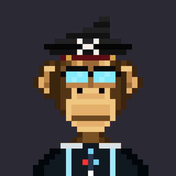 A pixel art character resembling a monkey or ape wearing a black wizard hat with a white skull emblem, blue glasses, and a black outfit against a dark purple background.