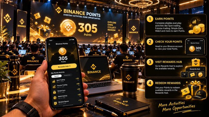 A Binance event scene shows a large “BINANCE POINTS” screen displaying “305 Points” alongside a phone showing the same balance. An instructional panel lists four steps—“Learn Points,” “Check Your Points,” “Visit Rewards Hub,” and “Redeem Rewards”—illustrating how users earn and use eligible activities such as Spot and Convert.