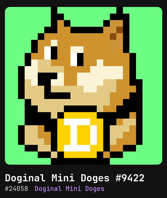 A pixel art illustration of a brown dog holding a gold bar, with text reading 'Doginal Mini Doges #9422' and '#24058 Doginal Mini Doges'.