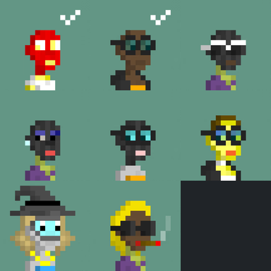A pixel art sprite sheet displaying eight different character portraits with varying features, including a red-headed figure, characters with sunglasses, hats, and a wizard, set against a solid green background.