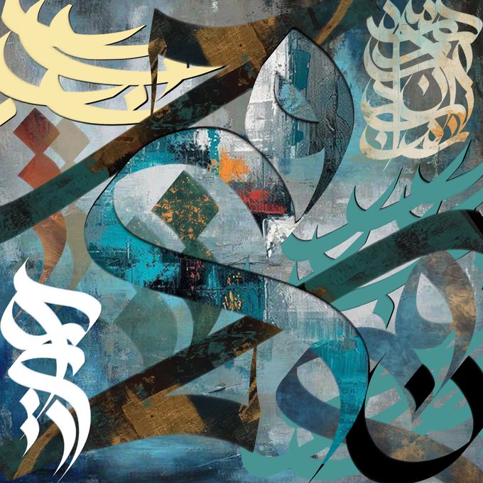 An abstract artwork featuring interwoven teal, gold, and pale yellow calligraphic forms—rooted in Persian letterforms—against a cool, winter-toned background of grays, blues, and muted reds. The piece titled "WINTER" visually echoes the post's description, its icy palette and tension between traditional script and abstraction capturing the cold, contemplative mood of the season.