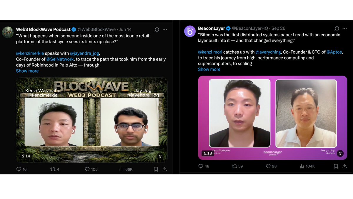Two side-by-side podcast screenshots — Web3 BlockWave Podcast with Kenzi Watanabe and Jay Jog, and BeaconLayer with Kenzi Mori and Avery Ching (Co-Founder & CTO of @Aptos).