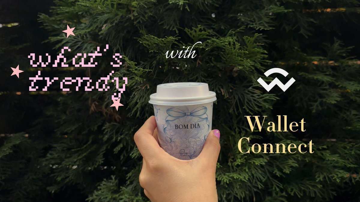A hand holds a cup labeled 'BOM DIA' against a background of green foliage, with pixel art text reading 'what's brewing' and 'with Wallet Connect' alongside the WalletConnect logo.