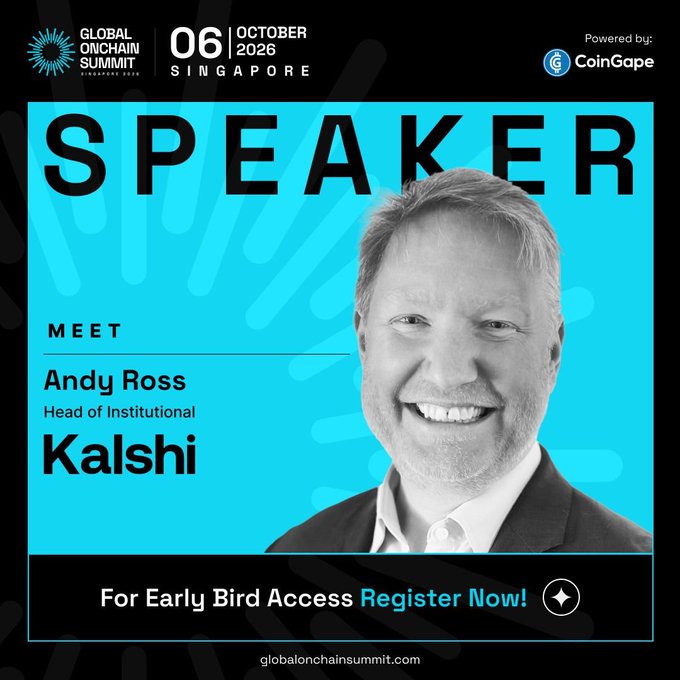 Promotional graphic for the Global Onchain Summit Singapore 2026 (October 6), announcing Andy Ross, Head of Institutional at Kalshi, as a featured speaker, with a call-to-action to register for early bird access at globalonchainsummit.com.