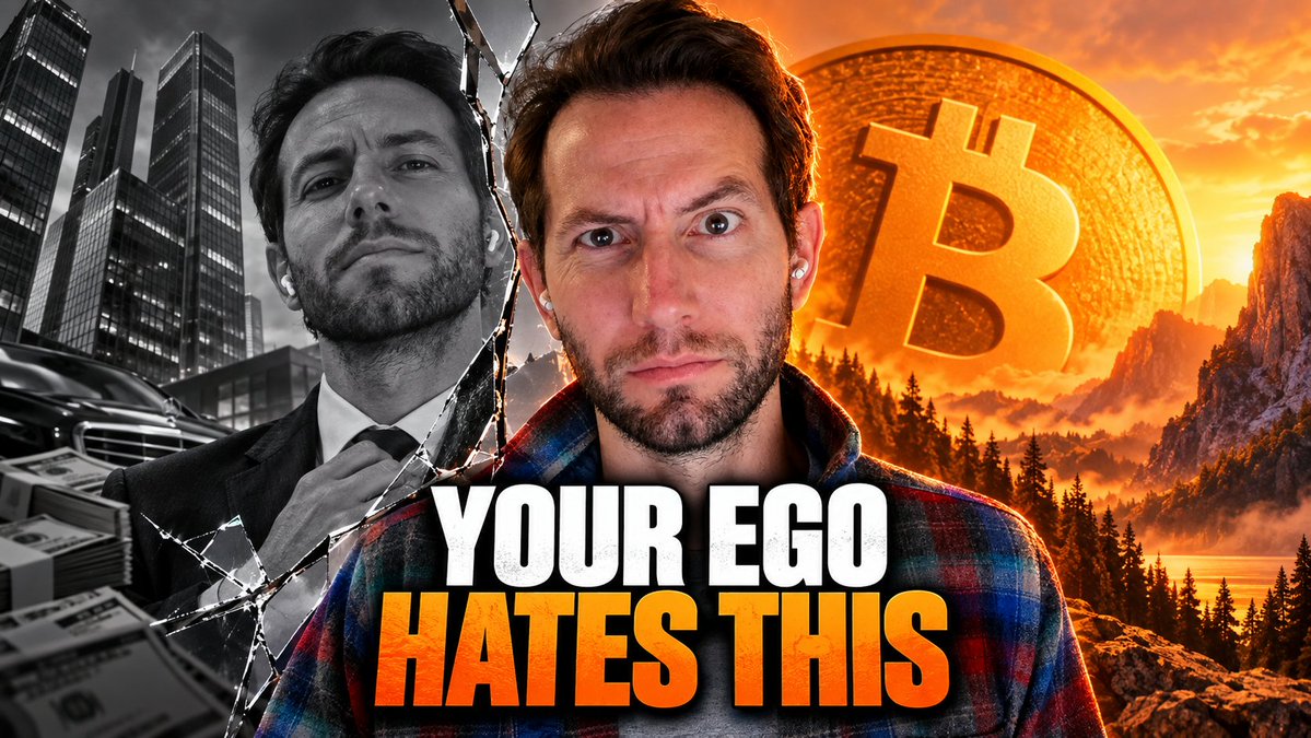 A thumbnail for "BFM288" featuring a split image: a black-and-white "before" photo of a man in a suit adjusting his tie against a corporate cityscape, contrasted with a colorful "after" photo of him in a plaid shirt against a Bitcoin sunset, captioned "YOUR EGO HATES THIS" — visually representing the host's journey from despising Bitcoin to embracing it after studying it.