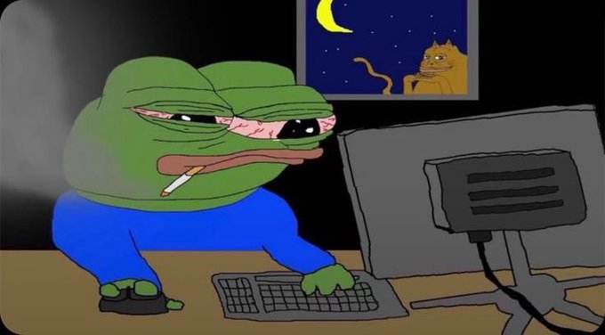A cartoon depicting a tired Pepe the Frog smoking a cigarette while sitting at a computer in a dark room, with a cat visible through the window.