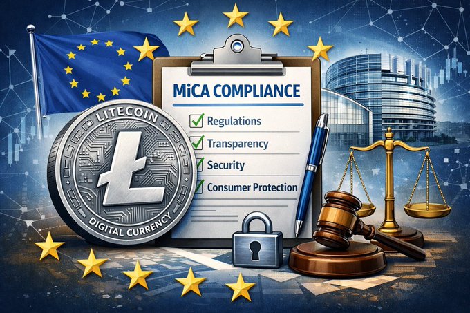 An illustration representing cryptocurrency regulation, showing a Litecoin coin ('LITECOIN DIGITAL CURRENCY') next to a 'MiCA COMPLIANCE' checklist with items for Regulations, Transparency, Security, and Consumer Protection, backed by the EU flag.