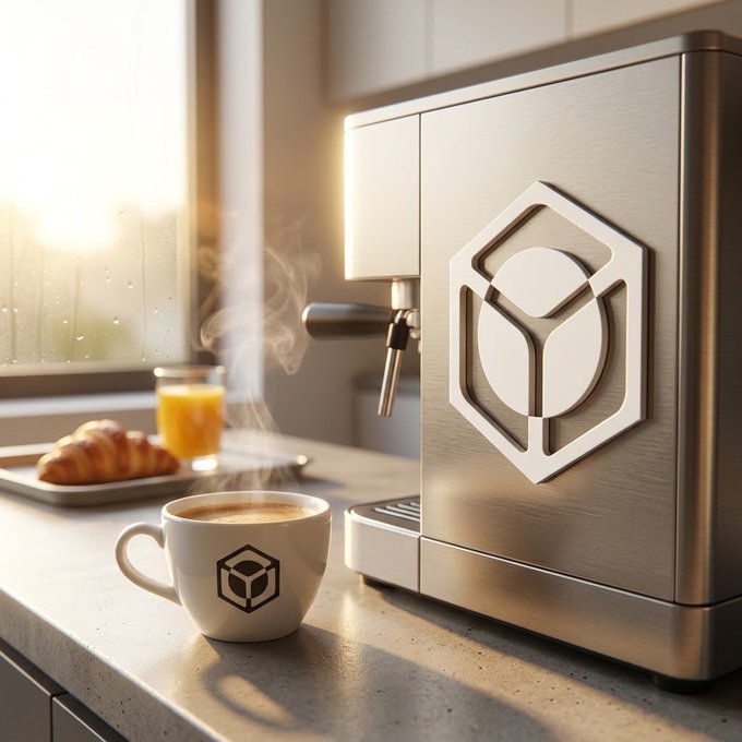 A sleek stainless steel espresso machine on a kitchen counter with a steaming cup of coffee in a branded cup beside it, croissants and orange juice in the background by a sunlit window.