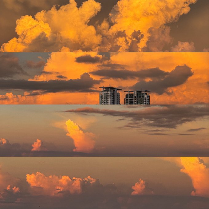 A collage-style image composed of four horizontal strips showing dramatic golden and orange sunset cloudscapes, with the second strip featuring two small buildings silhouetted against the colorful sky.