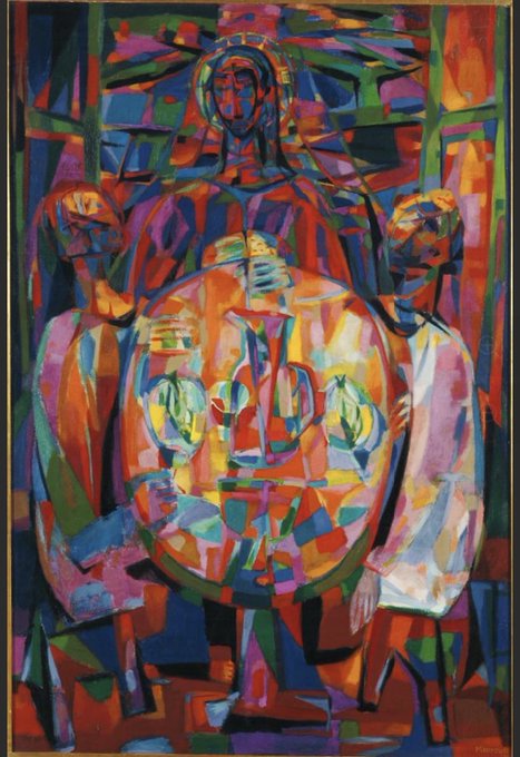 A bold, expressionist painting titled "Fecundité" depicts three faceted figures gathered around an abundant, colorful globe overflowing with fruits and plants, visually embodying the theme of nurturing and feeding the world. The vibrant reds, oranges, and blues convey warmth, harvest, and shared humanity in sustaining global life.