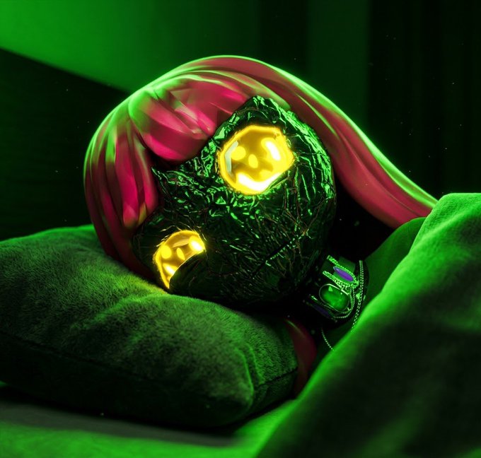 A 3D render of a character with pink hair wearing a glowing yellow-eyed mask and headset, sitting on green pillows in a green-lit room.