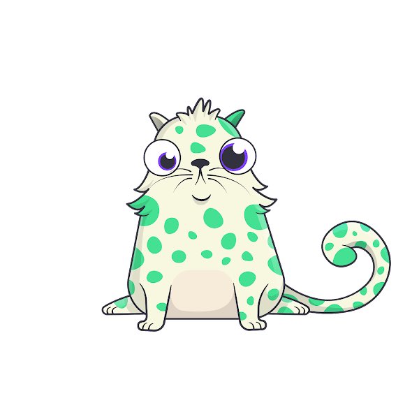 Illustration of a cartoon cat character with white fur and green spots, featuring large purple eyes and a curled tail against a white background.