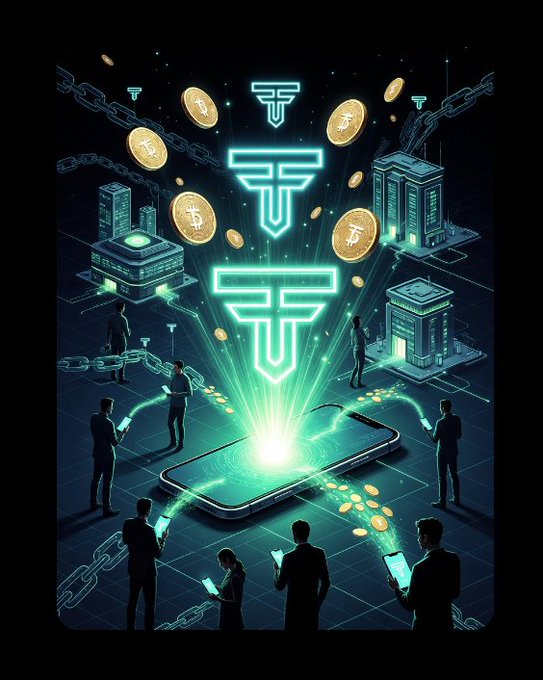 A futuristic crypto-themed digital artwork featuring glowing teal Tether (USDT) logos emitting light from a smartphone, surrounded by golden Bitcoin coins, chains, and silhouettes of people using devices.