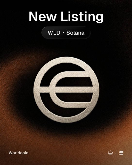 A promotional graphic announces a 'New Listing' for Worldcoin (WLD) on Solana, featuring a textured metallic circular logo against a dark, dusty background.