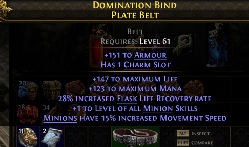 A Path of Exile item tooltip showing a 'Domination Bind Plate Belt' requiring Level 61, with stats including +151 to Armour, +1 Charm Slot, +147 to Maximum Life, +123 to Maximum Mana, 28% increased Flask Life Recovery Rate, +1 to Level of all Minion Skills, and Minions have 15% increased Movement Speed.