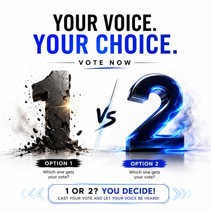 A "1 vs 2" voting graphic with the text "Your Voice. Your Choice. Vote Now" and "Option 1" / "Option 2" prompts, asking viewers to pick between rolling over the 100 USDT prize or holding a lucky draw, directly supporting the post's call to action for community members to cast their votes on the prize decision.