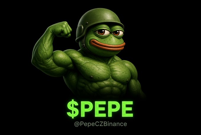 A muscular green Pepe the Frog wearing a military helmet, flexing his bicep, with the text '$PEPE' and '@PepeCZBinance' displayed below.