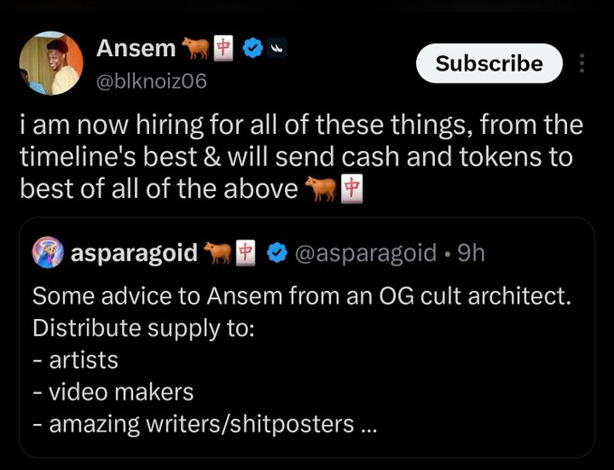 The image shows a Twitter exchange where @blknoiz06 is hiring for "timeline's best" and @asparagoid offers advice on distributing supply to artists, video makers, and writers. This directly relates to the post by highlighting @blknoiz06's strategy for building an "attention engine" through content creators.