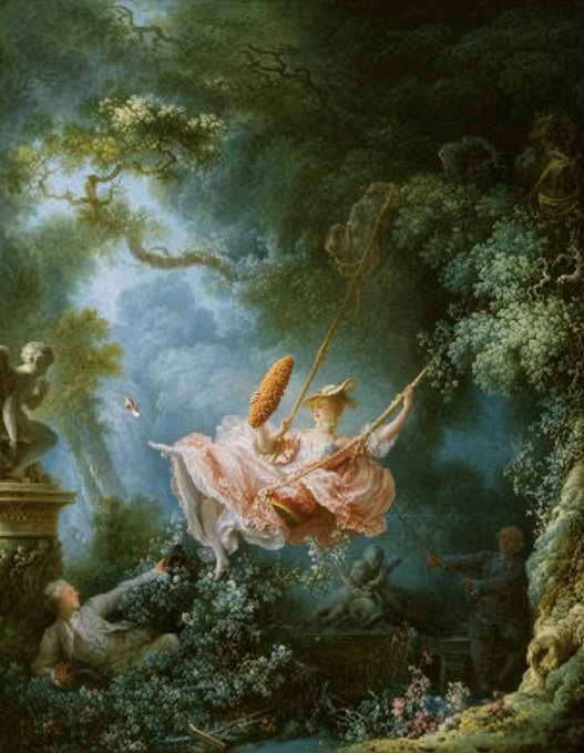 Fragonard's Rococo painting 'The Swing,' depicting a young woman in a pink dress on a swing in a lush garden, with a man watching from the bushes and a statue nearby.