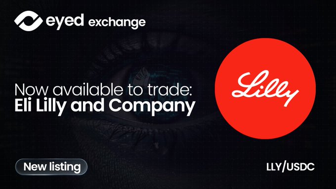 A promotional graphic from 'eyed exchange' announcing 'Now available to trade: Eli Lilly and Company' as a new listing (LLY/USDC), featuring the red Lilly logo.