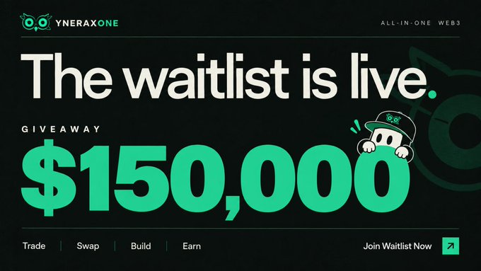 A promotional graphic for Yneraxone 'All-In-One Web3' announcing 'The waitlist is live' with a giveaway of $150,000, featuring options to Trade, Swap, Build, and Earn.