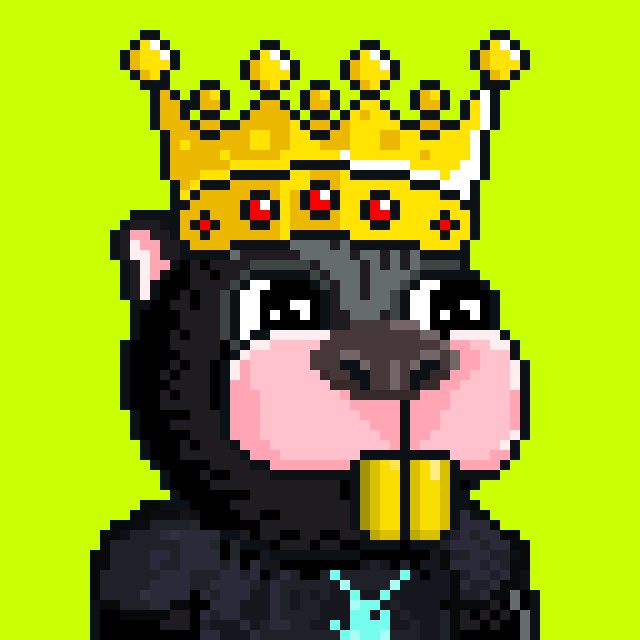 A pixel art image of a black dog or bear-like character wearing a golden crown with red jewels, sporting pink cheeks and two gold teeth, against a bright green background.