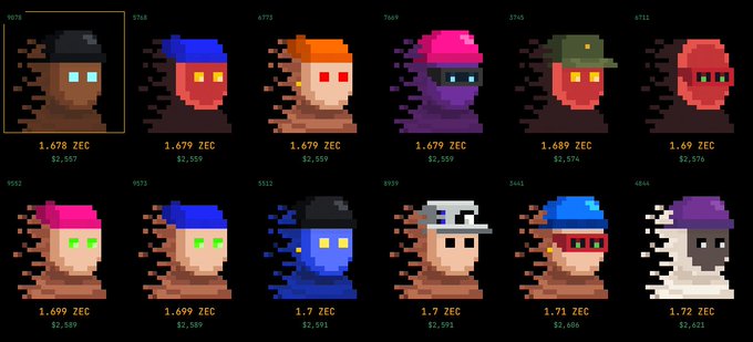 A marketplace listing displays a grid of pixel-art character avatars in various colors, each priced in ZEC cryptocurrency (ranging from 1.678 to 1.72 ZEC, or $2,557-$2,591).