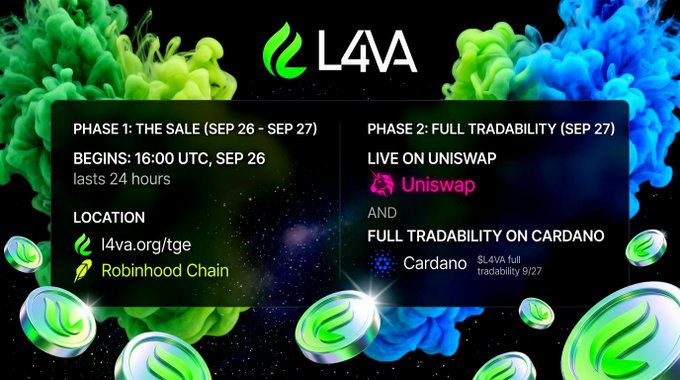 An L4VA cryptocurrency promotional graphic detailing 'PHASE 1: THE SALE (SEP 26 - SEP 27)' starting at 16:00 UTC on Robinhood Chain, and 'PHASE 2: FULL TRADABILITY (SEP 27)' on Uniswap and Cardano.