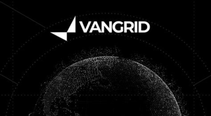 A black screen displays the white 'VANGRID' logo with a geometric icon, set against a dark background featuring a particle-like globe.