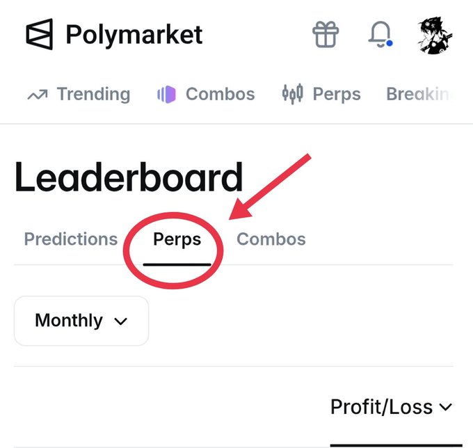 A screenshot of the Polymarket app's Leaderboard page, with a red circle and arrow highlighting the "Perps" tab among Predictions, Perps, and Combos options.