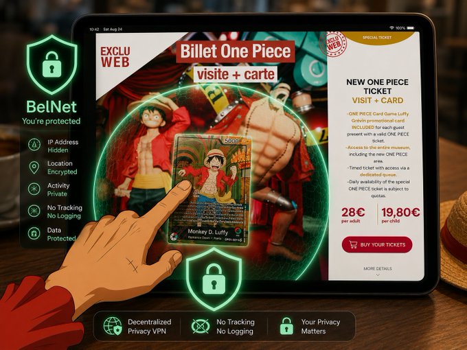Promotional graphic showing a tablet displaying a One Piece card game ticket purchase page for 'Billet One Piece visite + carte', overlaid with anime artwork of Luffy and a hand holding a Monkey D. Luffy trading card, alongside BelNet VPN privacy feature icons.